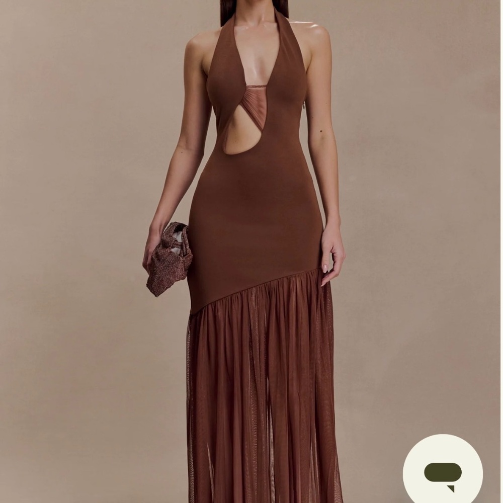 MESHKI Aubree Crepe And Mesh Maxi Dress - Chocolate/Mocha (M)